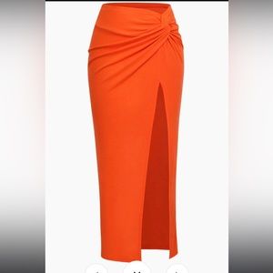 Micas Orange Knot Side Slit Knit Midi Skirt